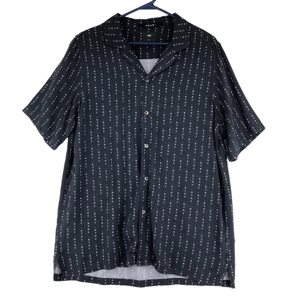 Ksubi Mens Size S Shirt Button Up All Over Logo Striped Short Sleeve Navy Blue